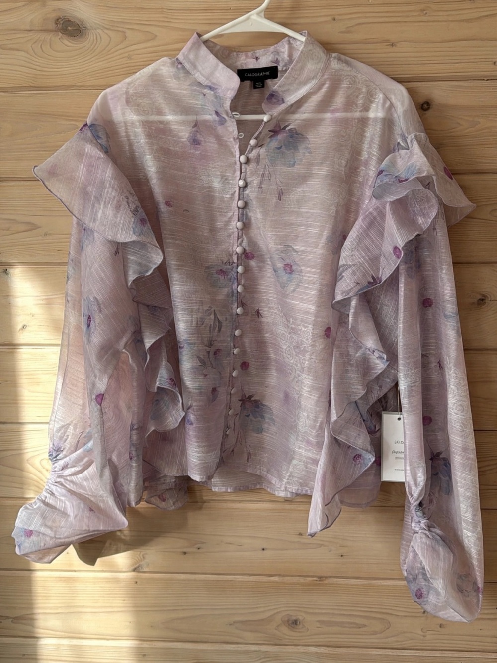 Calligraphie Lavender Floral Ruffle-Trim Blouse NWT